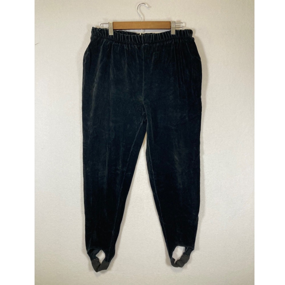 Vintage 90s Liz & Co Women Large Black Velvet Stirrup Pants Elastic Waist Cotton